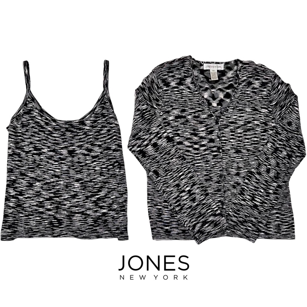 Jones New York 2 Piece Cami + Cardigan Sweater Set, Black/White, Size M Pristine